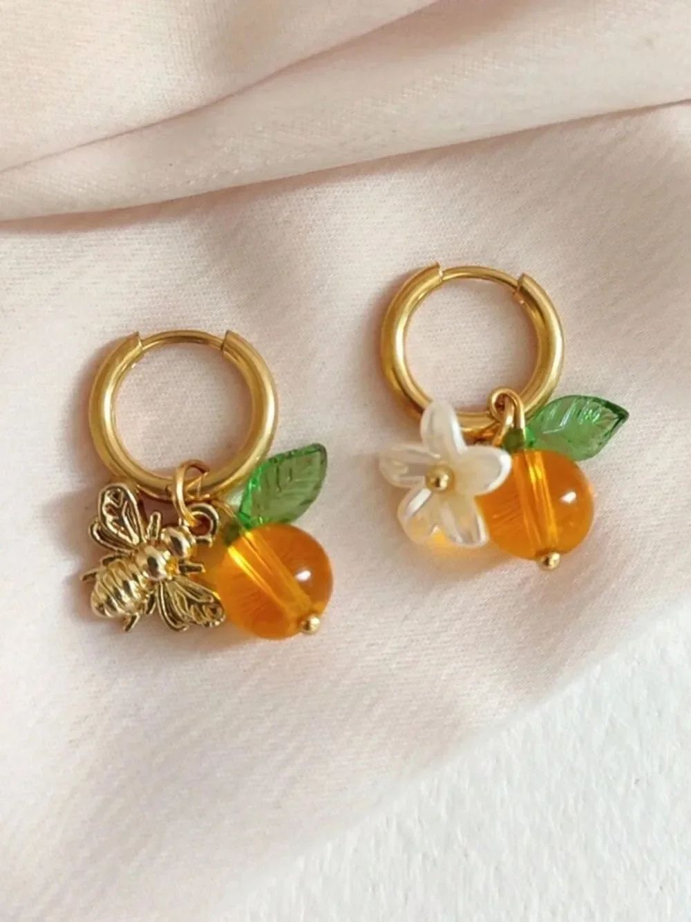 Gold Hoop Earrings with Orange Charm R733